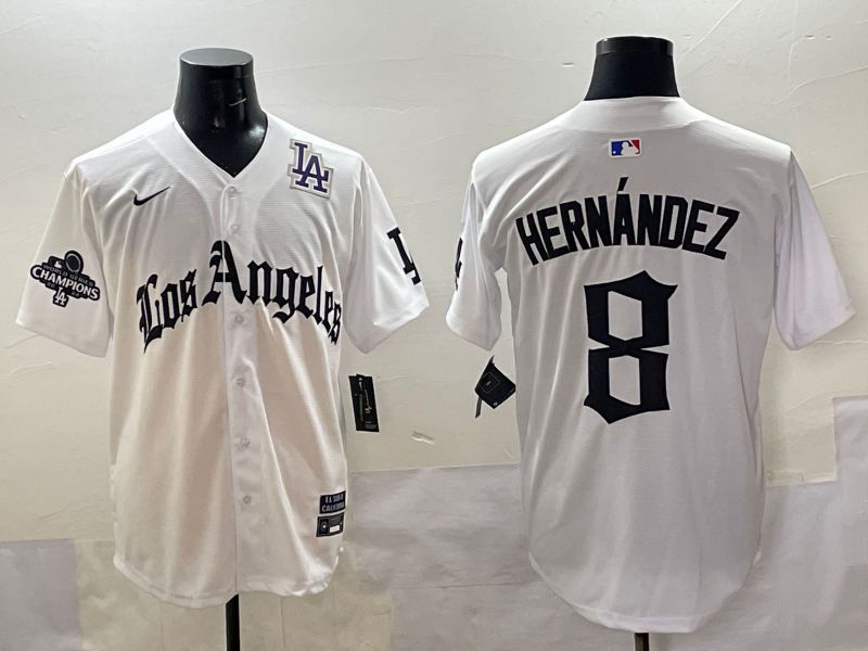 Men 2025 Los Angeles Dodgers #8 Hernandez White Five generations Joint Name Nike MLB Jersey style 51814